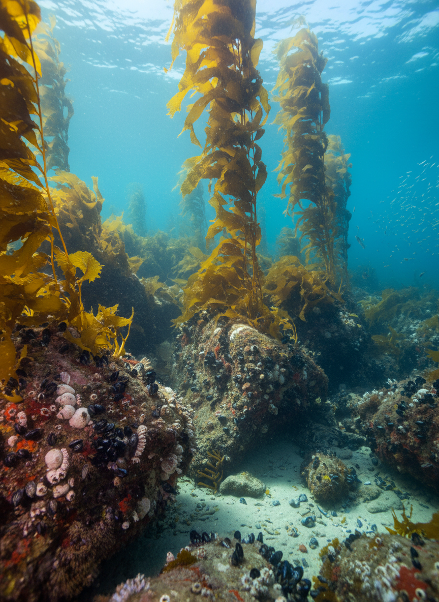 A close, detailed view of a healthy underwater kelp forest, with tall golden-brown kelp fronds swaying gently in clear, cold blue-green water along a rocky coastal reef. Sunbeams filter down in defined shafts from the surface, creating dappled highlights on the kelp blades and casting soft, shifting shadows on barnacle-encrusted rocks and mussel beds below. Small, indistinct fish silhouettes move in the distance without becoming a focus. Photographic realism, captured from an eye-level underwater angle with moderate depth of field, conveying a serene, science-based, and hopeful atmosphere that underscores effective marine conservation solutions.