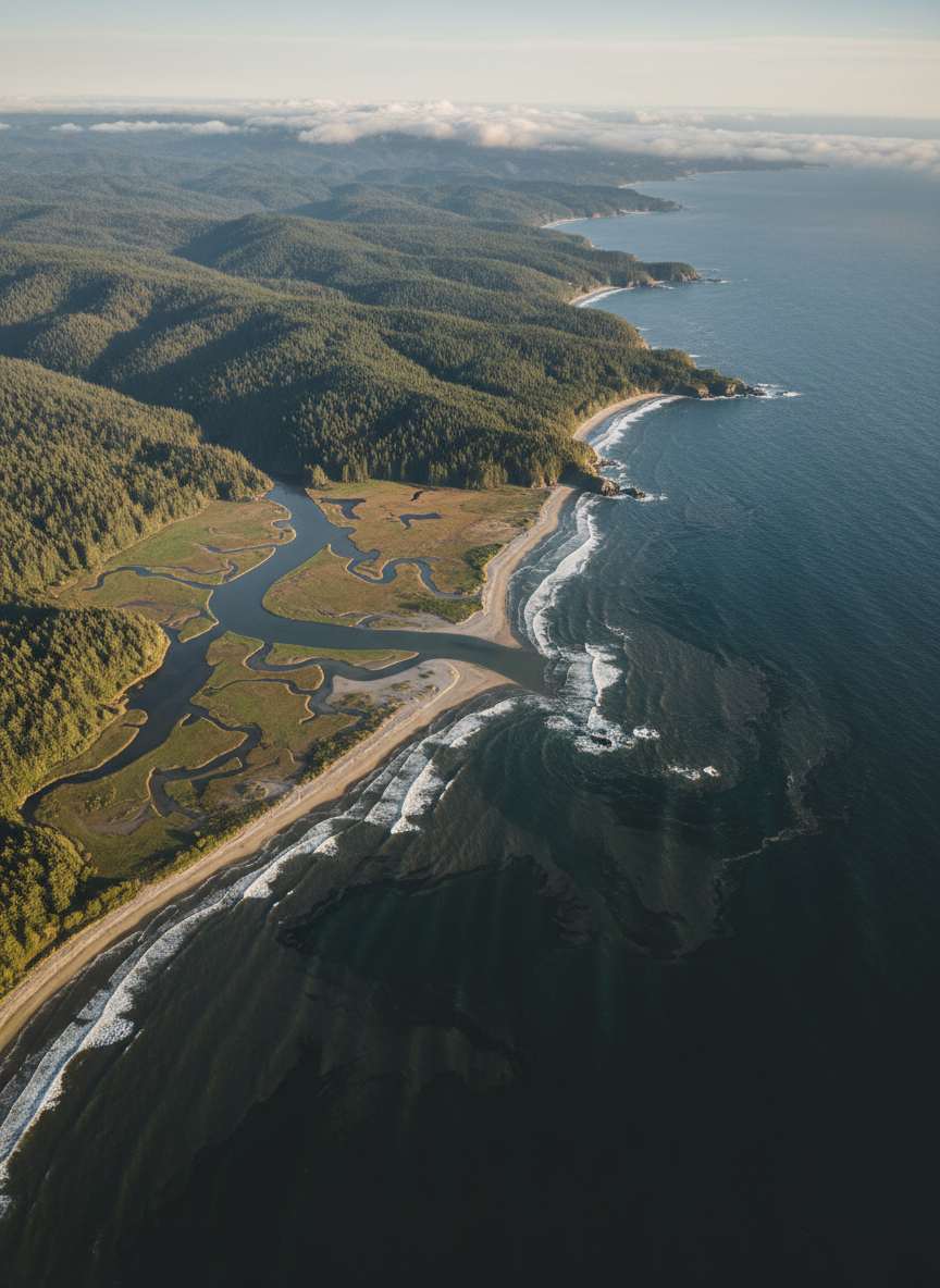 An expansive aerial view of a rugged Pacific Northwest coastline, with deep emerald conifer forests meeting a slate-blue ocean. Kelp beds form organic patterns beneath the water’s surface, and a winding, pale sand estuary cuts through salt marshes toward the sea. Soft late-afternoon sunlight breaks through high coastal clouds, creating gentle highlights on rippling waves and subtle shadows in the forest canopy. The mood is calm, professional, and hopeful, emphasizing intact marine ecosystems. Photographic realism, shot from a high bird’s-eye perspective with sharp focus throughout, clean composition, and a slightly desaturated, modern conservation-report aesthetic suitable for a homepage hero image.