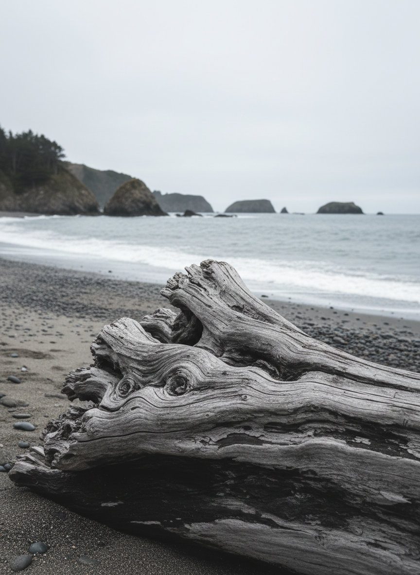 A weathered, dark-gray driftwood log on a remote pebble beach, positioned in the foreground with intricate grain patterns and smooth, sea-polished texture clearly visible. Behind it, low waves roll onto mixed sand and stones, while distant rocky headlands and small offshore islets rise from the muted blue ocean. Overcast, diffused coastal light softens all contrasts, creating a calm, analytical mood appropriate for professional conservation messaging. Photographic realism, shot from a low-angle shoreline perspective using rule-of-thirds composition, with the driftwood in crisp focus and the background gradually softening into a gentle bokeh, giving a clean, minimal, and contemplative feel.